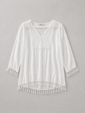 Raviya White Embroidered V-Neck Tassel-Hem Tunic